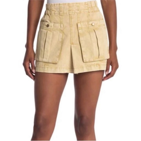 Free People Denim Wash Cargo mini skirt SZ 6 Khaki Yellow Bohemian pockets - Picture 1 of 14